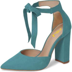 imageFSJ Women Faux Suede Chunky Block Heel Pump DOrsay Pointed Toe Ankle Strap Lace Up Laides Sandal Size 415 USTurquoise