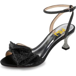 imageFSJ Women Peep Toe Rhinestone Rippling Bow Low Heels Sandals Comfortable Kitten Heels Ankle Strap Bridal Wedding Evening Banquet Shoes Size 415 USBlack