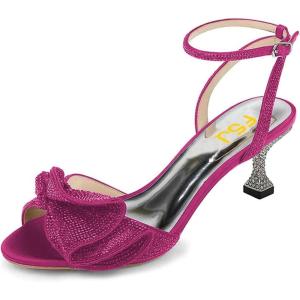 imageFSJ Women Peep Toe Rhinestone Rippling Bow Low Heels Sandals Comfortable Kitten Heels Ankle Strap Bridal Wedding Evening Banquet Shoes Size 415 USFuchsia