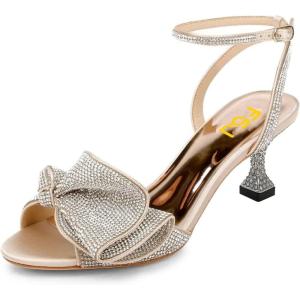 imageFSJ Women Peep Toe Rhinestone Rippling Bow Low Heels Sandals Comfortable Kitten Heels Ankle Strap Bridal Wedding Evening Banquet Shoes Size 415 USGold