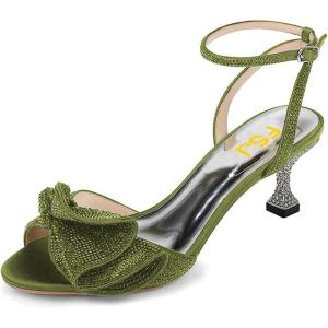 imageFSJ Women Peep Toe Rhinestone Rippling Bow Low Heels Sandals Comfortable Kitten Heels Ankle Strap Bridal Wedding Evening Banquet Shoes Size 415 USKelly