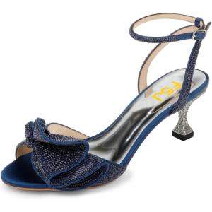imageFSJ Women Peep Toe Rhinestone Rippling Bow Low Heels Sandals Comfortable Kitten Heels Ankle Strap Bridal Wedding Evening Banquet Shoes Size 415 USNavy