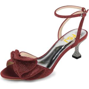 imageFSJ Women Peep Toe Rhinestone Rippling Bow Low Heels Sandals Comfortable Kitten Heels Ankle Strap Bridal Wedding Evening Banquet Shoes Size 415 USRed