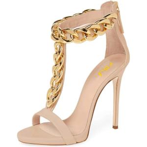 imageFSJ Women TStraps High Heel Sandals Golden Chains Open Toe Ankle Straps Stilettos Pumps Back Zipper Wedding Party Homecomings Dress Summer Shoes Size 415 USNude