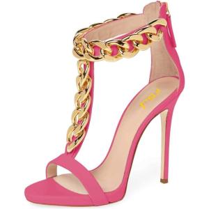 imageFSJ Women TStraps High Heel Sandals Golden Chains Open Toe Ankle Straps Stilettos Pumps Back Zipper Wedding Party Homecomings Dress Summer Shoes Size 415 USFuchsia