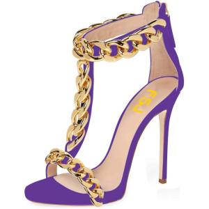 imageFSJ Women TStraps High Heel Sandals Golden Chains Open Toe Ankle Straps Stilettos Pumps Back Zipper Wedding Party Homecomings Dress Summer Shoes Size 415 USPurplechain