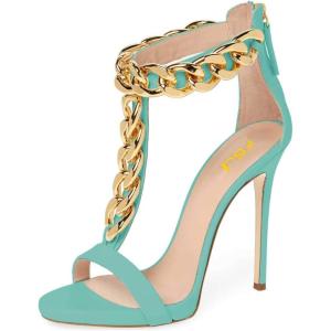 imageFSJ Women TStraps High Heel Sandals Golden Chains Open Toe Ankle Straps Stilettos Pumps Back Zipper Wedding Party Homecomings Dress Summer Shoes Size 415 USTurquoise
