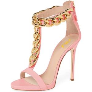 imageFSJ Women TStraps High Heel Sandals Golden Chains Open Toe Ankle Straps Stilettos Pumps Back Zipper Wedding Party Homecomings Dress Summer Shoes Size 415 USPink