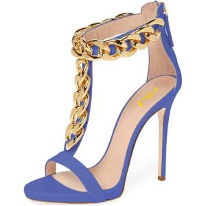 imageFSJ Women TStraps High Heel Sandals Golden Chains Open Toe Ankle Straps Stilettos Pumps Back Zipper Wedding Party Homecomings Dress Summer Shoes Size 415 USBlue