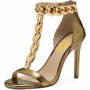 imageFSJ Women TStraps High Heel Sandals Golden Chains Open Toe Ankle Straps Stilettos Pumps Back Zipper Wedding Party Homecomings Dress Summer Shoes Size 415 USGold