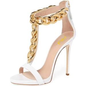 imageFSJ Women TStraps High Heel Sandals Golden Chains Open Toe Ankle Straps Stilettos Pumps Back Zipper Wedding Party Homecomings Dress Summer Shoes Size 415 USWhite