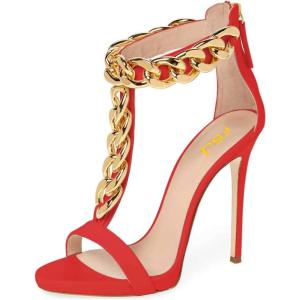 imageFSJ Women TStraps High Heel Sandals Golden Chains Open Toe Ankle Straps Stilettos Pumps Back Zipper Wedding Party Homecomings Dress Summer Shoes Size 415 USRed