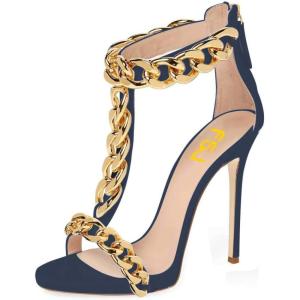 imageFSJ Women TStraps High Heel Sandals Golden Chains Open Toe Ankle Straps Stilettos Pumps Back Zipper Wedding Party Homecomings Dress Summer Shoes Size 415 USNavychain