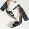 imageFSJ Women Classic Chunky High Heel Sandals Open Toe Ankle Strap Single Band Dress Shoe Size 415 USDark Blue Embossing