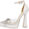 imageFSJ Women Shiny Rhinestone Bowknot Studded Transparent Platform Pointed Toe Sandals Chunky High Heel Ankle Strap Buckle Party Dress Shoes Size 415 USWhite