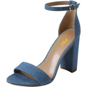 imageFSJ Women Classic Chunky High Heel Sandals Open Toe Ankle Strap Single Band Dress Shoe Size 415 USBlue Denim