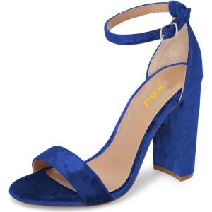 imageFSJ Women Classic Chunky High Heel Sandals Open Toe Ankle Strap Single Band Dress Shoe Size 415 USBlue Velvet