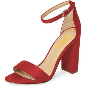imageFSJ Women Classic Chunky High Heel Sandals Open Toe Ankle Strap Single Band Dress Shoe Size 415 USDark Red