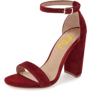 imageFSJ Women Classic Chunky High Heel Sandals Open Toe Ankle Strap Single Band Dress Shoe Size 415 USWine Red