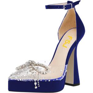 imageFSJ Women Shiny Rhinestone Bowknot Studded Transparent Platform Pointed Toe Sandals Chunky High Heel Ankle Strap Buckle Party Dress Shoes Size 415 USBlue
