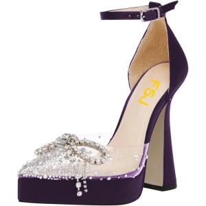 imageFSJ Women Shiny Rhinestone Bowknot Studded Transparent Platform Pointed Toe Sandals Chunky High Heel Ankle Strap Buckle Party Dress Shoes Size 415 USDark Purple