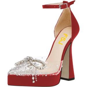 imageFSJ Women Shiny Rhinestone Bowknot Studded Transparent Platform Pointed Toe Sandals Chunky High Heel Ankle Strap Buckle Party Dress Shoes Size 415 USRed