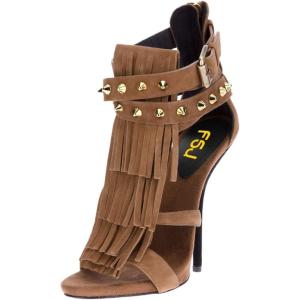 imageFSJ Women Tassels Gladiator Heeled Sandals Open Toe Stiletto High Heel Fringed Rivets Ankle Strap Back Zipper Shoes Size 415 USBrown