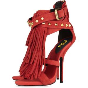 imageFSJ Women Tassels Gladiator Heeled Sandals Open Toe Stiletto High Heel Fringed Rivets Ankle Strap Back Zipper Shoes Size 415 USRed