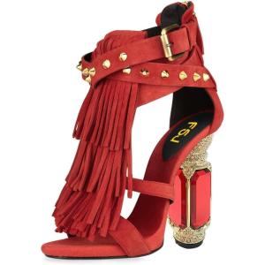 imageFSJ Women Tassels Gladiator Heeled Sandals Open Toe Stiletto High Heel Fringed Rivets Ankle Strap Back Zipper Shoes Size 415 USRed Crystal Heel