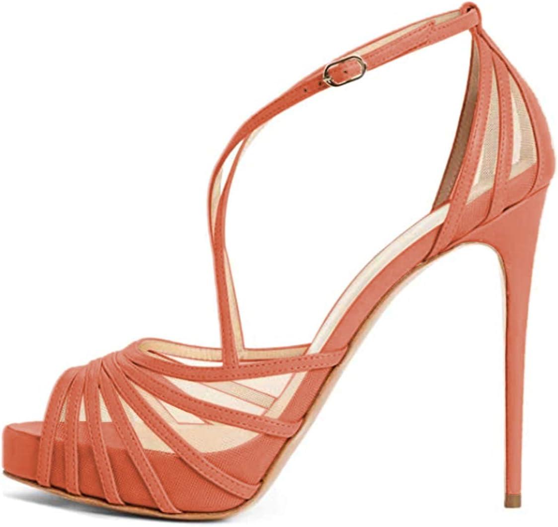 imageFSJ Elegant Peep Toe Crisscross Platform Sandals Women Ankle Strappy Stiletto High Heel Pumps DOrsay Mesh Wedding Resorts Dress Shoes US Size 415Coral