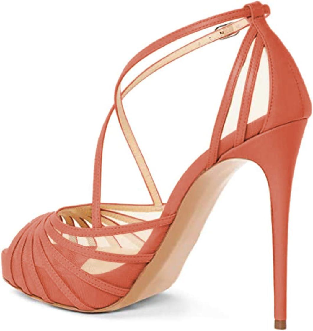 imageFSJ Elegant Peep Toe Crisscross Platform Sandals Women Ankle Strappy Stiletto High Heel Pumps DOrsay Mesh Wedding Resorts Dress Shoes US Size 415Coral