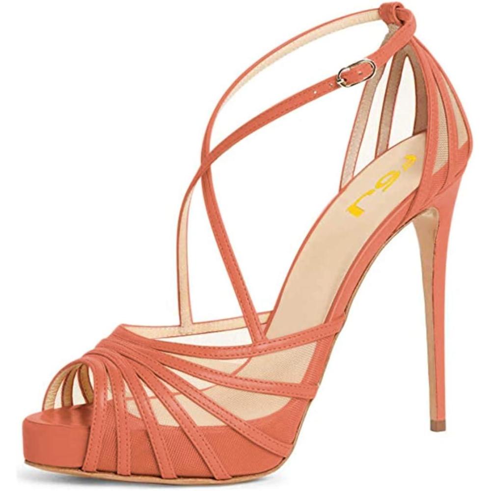 imageFSJ Elegant Peep Toe Crisscross Platform Sandals Women Ankle Strappy Stiletto High Heel Pumps DOrsay Mesh Wedding Resorts Dress Shoes US Size 415Coral
