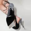 imageFSJ Women Classic Strappy Ankle Strap Lace up Mid Heels Pointed Toe Stylish Stiletto Sandals Slingback Sexy Wedding Prom Shoes Size 415 USBlack Rhinestone Heel