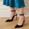 imageFSJ Women Classic Strappy Ankle Strap Lace up Mid Heels Pointed Toe Stylish Stiletto Sandals Slingback Sexy Wedding Prom Shoes Size 415 USBlack Suede
