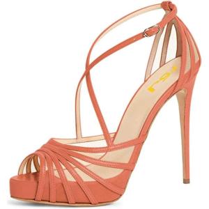 imageFSJ Elegant Peep Toe Crisscross Platform Sandals Women Ankle Strappy Stiletto High Heel Pumps DOrsay Mesh Wedding Resorts Dress Shoes US Size 415Coral