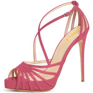 imageFSJ Elegant Peep Toe Crisscross Platform Sandals Women Ankle Strappy Stiletto High Heel Pumps DOrsay Mesh Wedding Resorts Dress Shoes US Size 415Hot Pink