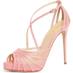 imageFSJ Elegant Peep Toe Crisscross Platform Sandals Women Ankle Strappy Stiletto High Heel Pumps DOrsay Mesh Wedding Resorts Dress Shoes US Size 415Pink