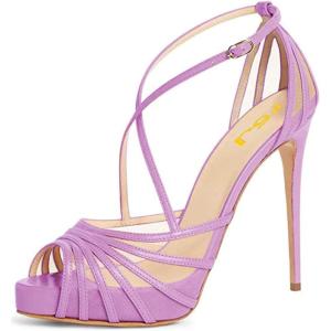 imageFSJ Elegant Peep Toe Crisscross Platform Sandals Women Ankle Strappy Stiletto High Heel Pumps DOrsay Mesh Wedding Resorts Dress Shoes US Size 415Purple
