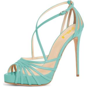 imageFSJ Elegant Peep Toe Crisscross Platform Sandals Women Ankle Strappy Stiletto High Heel Pumps DOrsay Mesh Wedding Resorts Dress Shoes US Size 415Turquoise