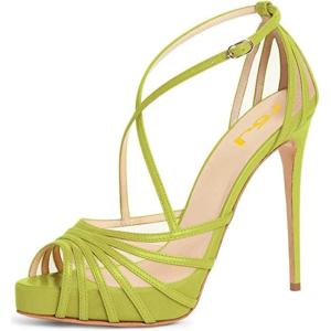 imageFSJ Elegant Peep Toe Crisscross Platform Sandals Women Ankle Strappy Stiletto High Heel Pumps DOrsay Mesh Wedding Resorts Dress Shoes US Size 415Yellow Green