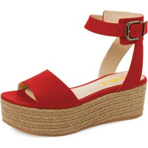 imageFSJ Women Chic Open Toe Platform Wedge High Heel Espadrilles Sandals Fashion Ankle Strap Casual Summer Beach Shoes Size 415 USRed
