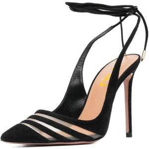 imageFSJ Women Classic Strappy Ankle Strap Lace up Mid Heels Pointed Toe Stylish Stiletto Sandals Slingback Sexy Wedding Prom Shoes Size 415 USBlack Mesh