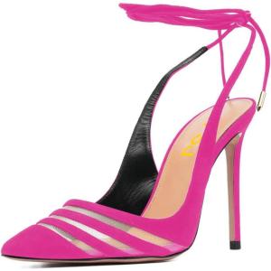 imageFSJ Women Classic Strappy Ankle Strap Lace up Mid Heels Pointed Toe Stylish Stiletto Sandals Slingback Sexy Wedding Prom Shoes Size 415 USHot Pink Mesh