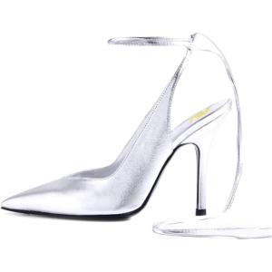 imageFSJ Women Classic Strappy Ankle Strap Lace up Mid Heels Pointed Toe Stylish Stiletto Sandals Slingback Sexy Wedding Prom Shoes Size 415 USSilver