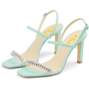 imageFSJ Women Square Open Toe Rhinestone Pumps Ankle Strap Kitten Heels Adjustable Buckle Shoes Size 415 USCyan