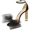 imageFSJ Women Flower Gold Metal Chain Chunky High Heels Ankle Strap Sandals Open Toe Fashion Summer Dressy Shoes Size 415 USBlack Mesh