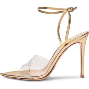 imageFSJ Women Clear Peep Toe Cross PVC Band Stiletto High Heel Ankle Strap Slingback Party Dress Sandal Shoes Size 415 USGold