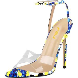 imageFSJ Women Clear Peep Toe Cross PVC Band Stiletto High Heel Ankle Strap Slingback Party Dress Sandal Shoes Size 415 USInk Blooming