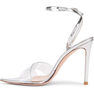imageFSJ Women Clear Peep Toe Cross PVC Band Stiletto High Heel Ankle Strap Slingback Party Dress Sandal Shoes Size 415 USSilver