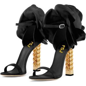 imageFSJ Women Flower Gold Metal Chain Chunky High Heels Ankle Strap Sandals Open Toe Fashion Summer Dressy Shoes Size 415 USBlack